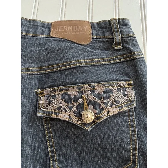 JeanBay Womens 10 Y2K Dark Wash Jeans Embroidered Back Pockets Straight - Picture 9 of 10